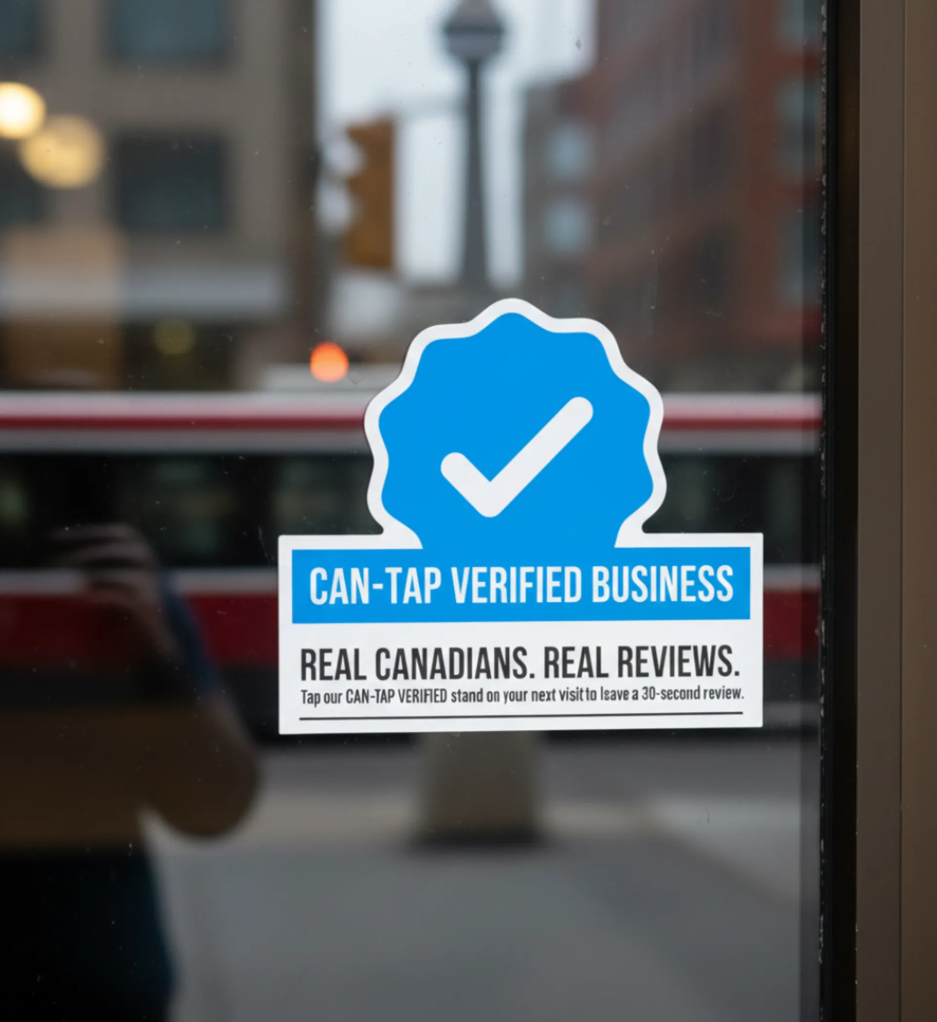 CAN-TAP Verified Business window marker displayed on a Canadian storefront