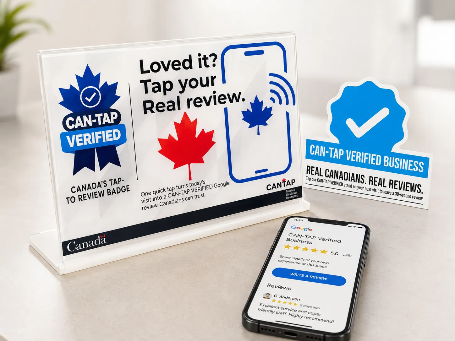 CAN-TAP Verified review stand, storefront marker, and customer review screen