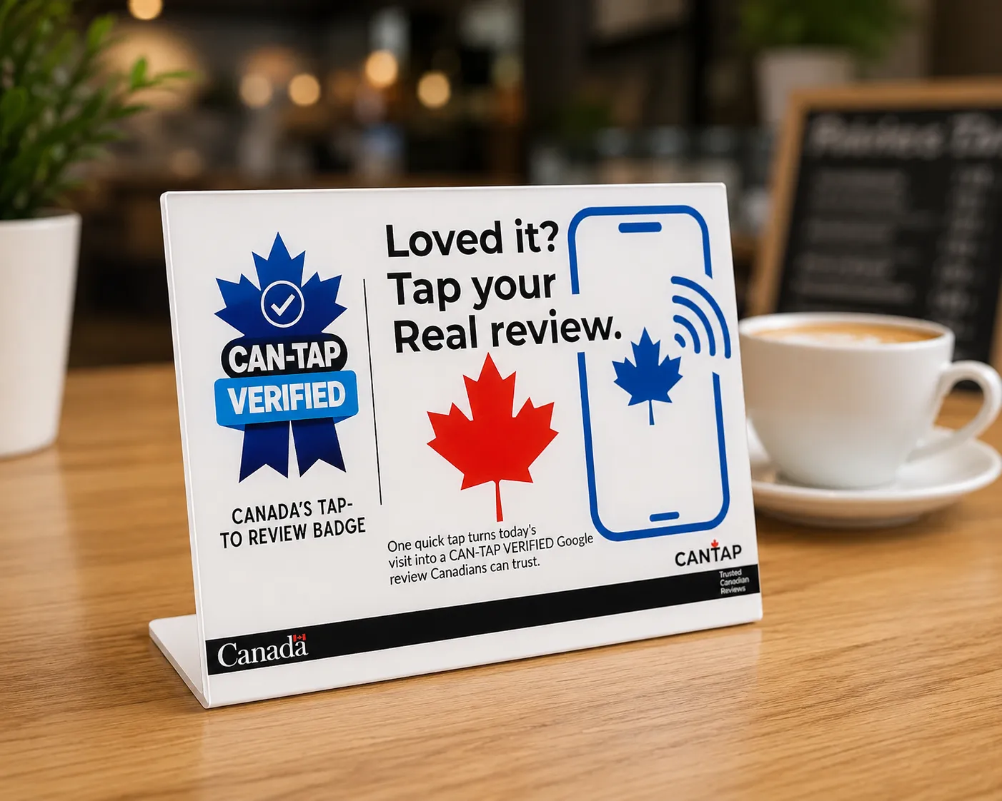 CAN-TAP VERIFIED NFC Google review sign displayed beside a coffee at a cafe counter for Port Colborne businesses.