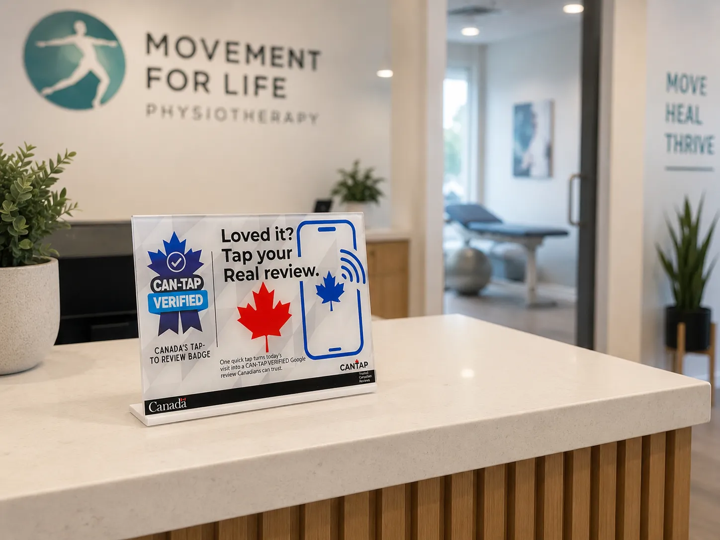 CAN-TAP VERIFIED tap-to-review sign at a physiotherapy clinic reception desk serving Fort Erie, Ontario.