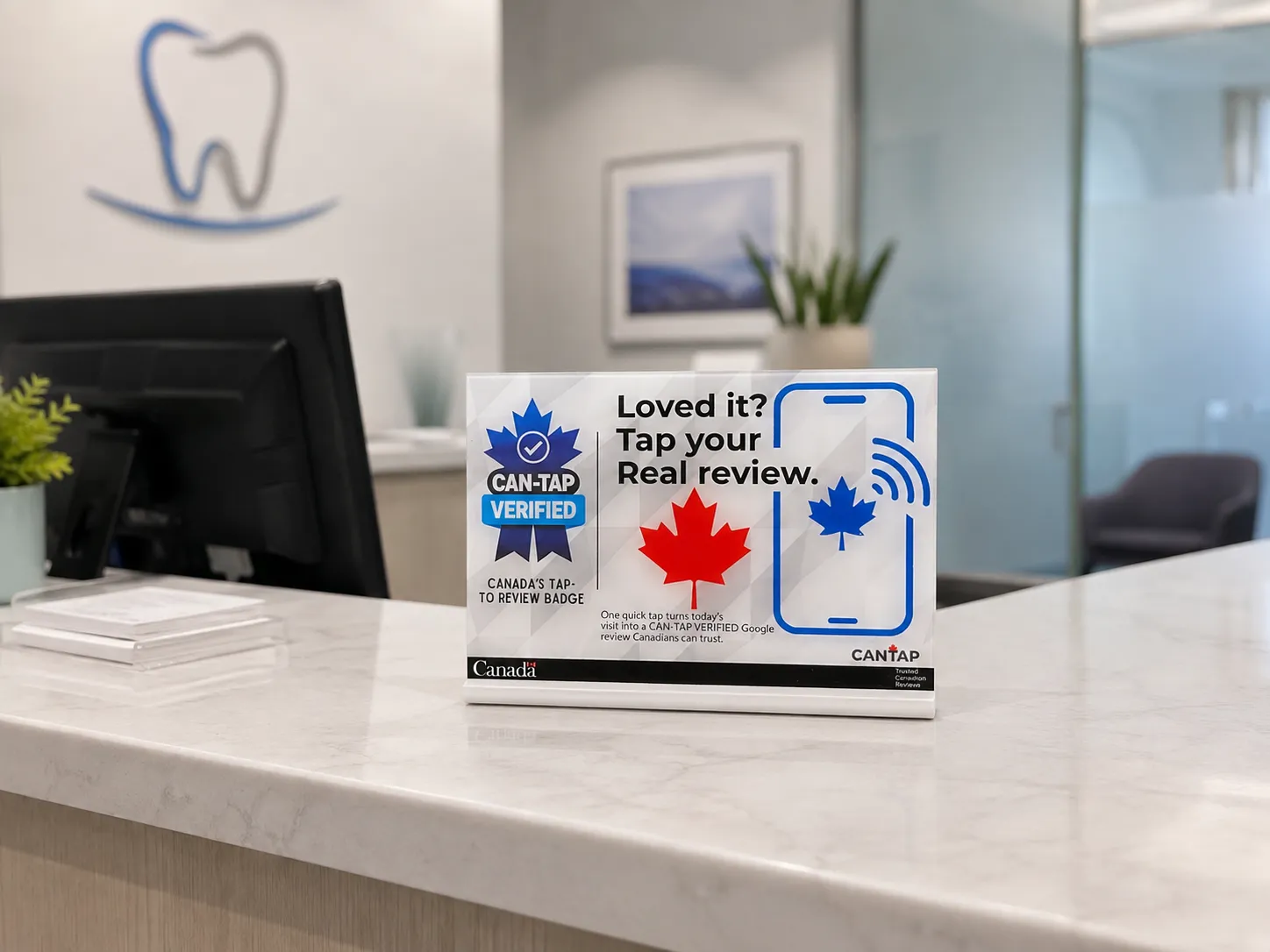CAN-TAP VERIFIED NFC Google review sign at a clean medical clinic reception counter in Port Colborne, Ontario.
